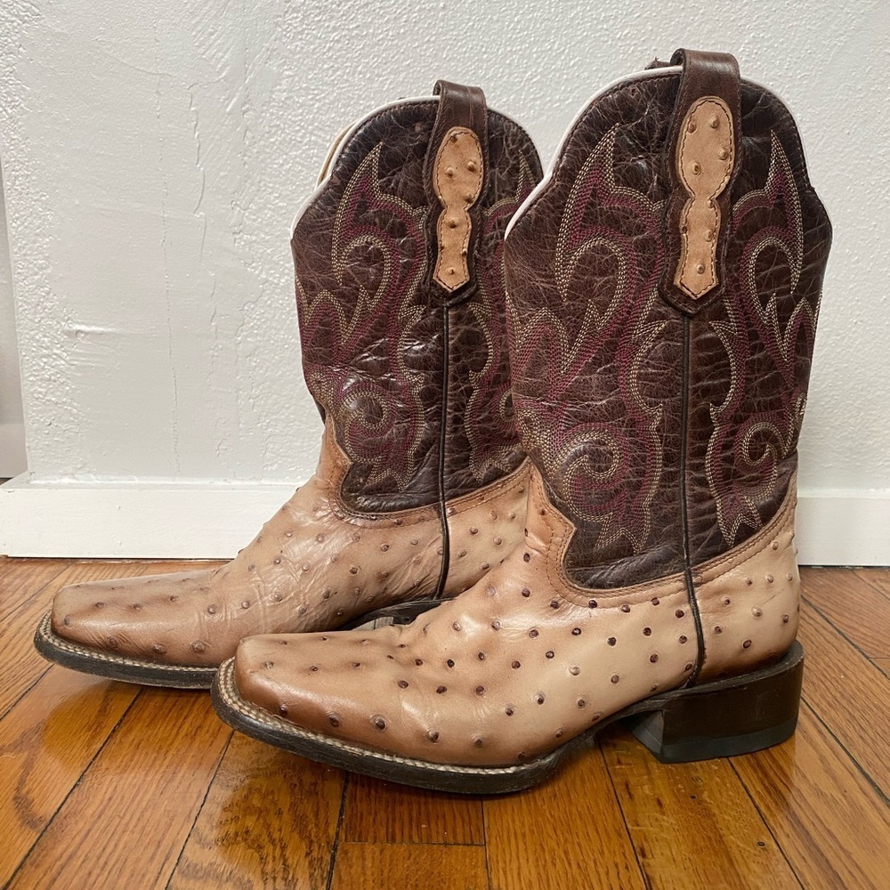 Moreria Unisex Western Snip Toe Full Quill Ostrich Brown Tan Western Cowboy B